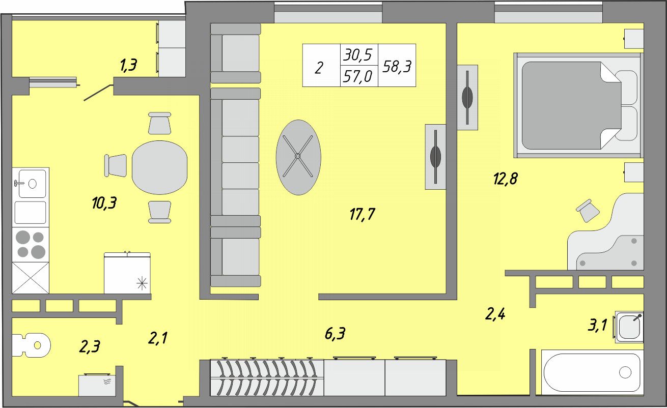 2-комнатная квартира, 58 кв.м., улица Юркина, дом 2, Оренбург