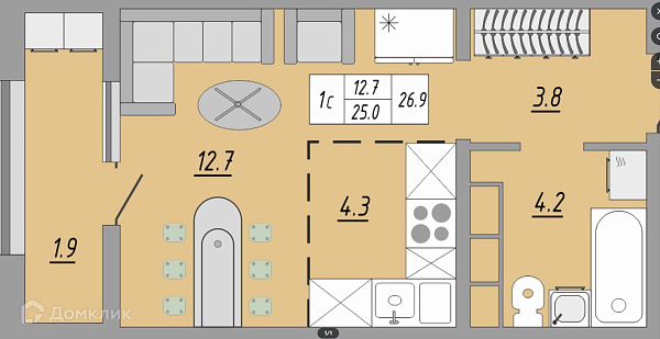 1-к квартира, 28 кв. м, Оренбург, улица Юркина, 1