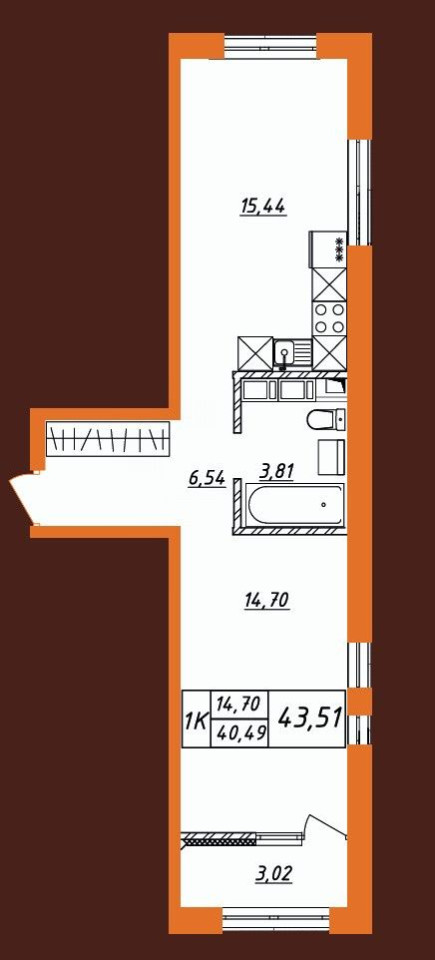 1-комнатная квартира в ЖК "Фамильные Кварталы", 43.51 кв.м.