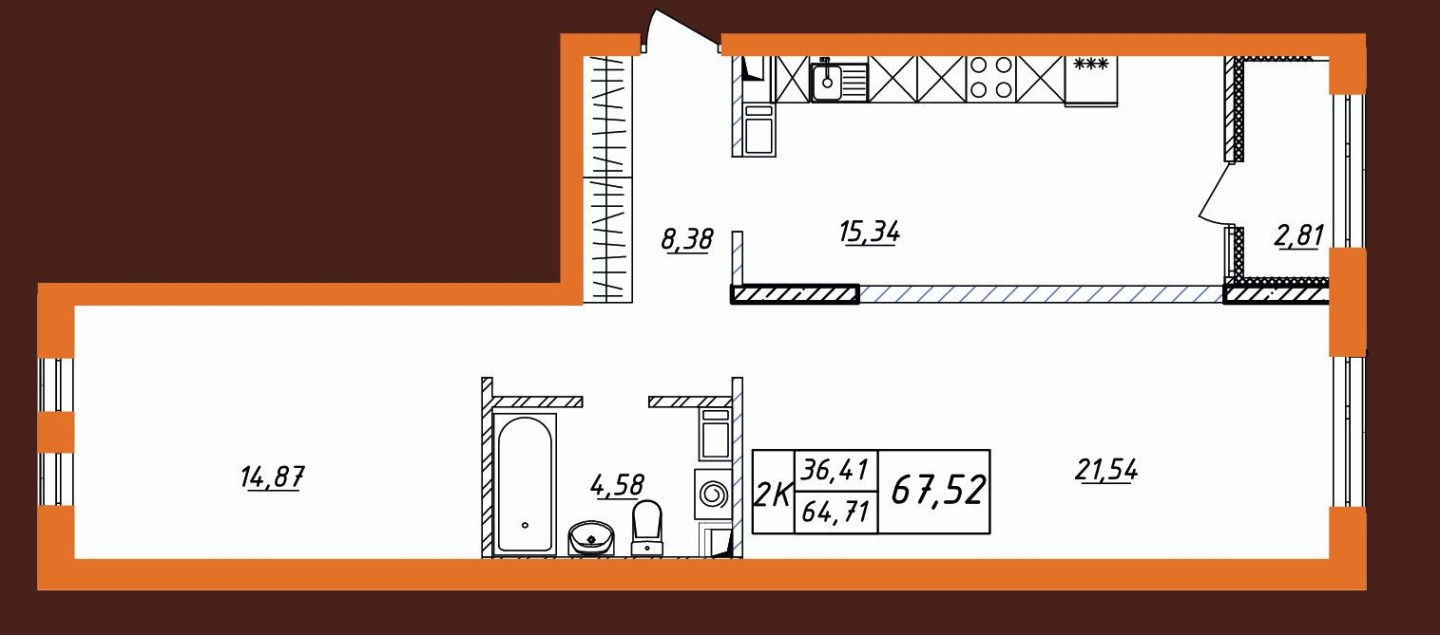 2-комнатная квартира в ЖК "Фамильные Кварталы", 66.74 кв.м.