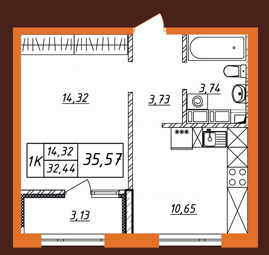 1-комнатная квартира в ЖК "Фамильные Кварталы", 35.57 кв.м.