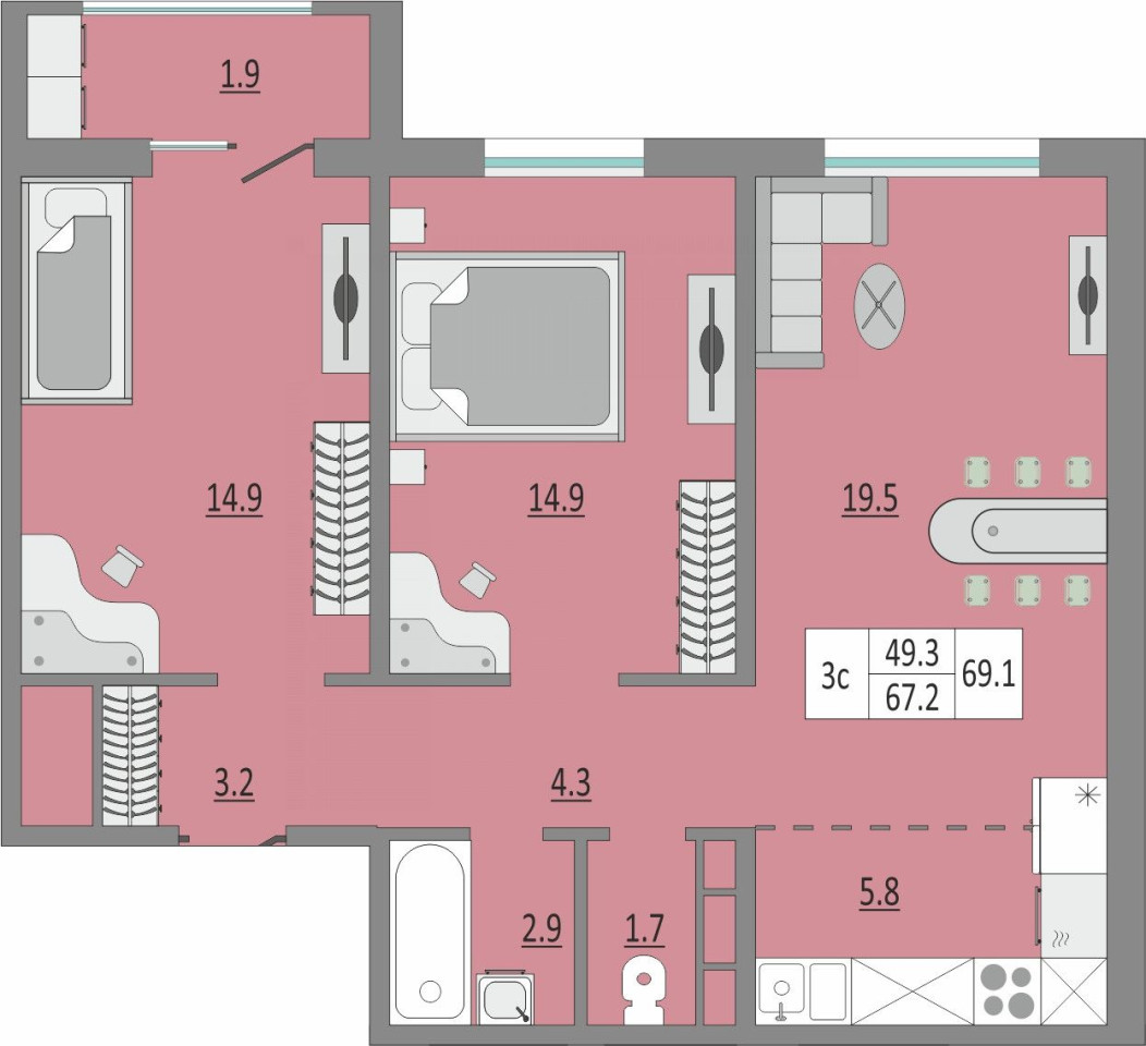 2-комнатная квартира, 67 кв.м., Автомобилистов, 15, Оренбург